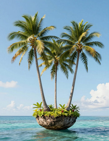 tropical island with palm trees and turquoise sea. 3d render