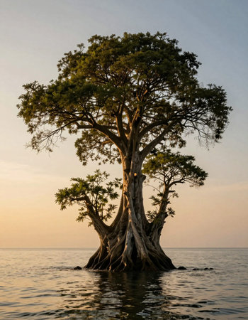 Tree in the sea at sunset, Bali island, Indonesia.