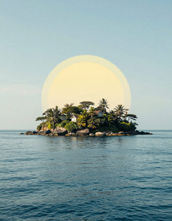Beautiful island in the middle of the sea with a full moon