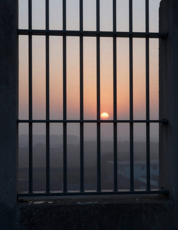 Sunset behind bars in a prison cell with a city view in the background
