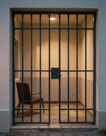 A view of a prison cell door with a chair behind it.