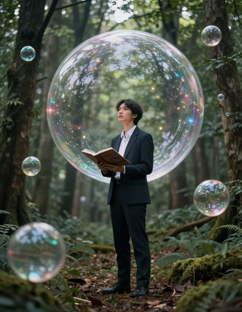 Businessman reading a book in the forest with soap bubbles in the background