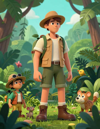 Cartoon scene with backpacker in the jungle - illustration for children