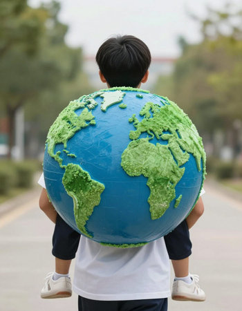 A boy holding a big globe in the park, closeup of photo