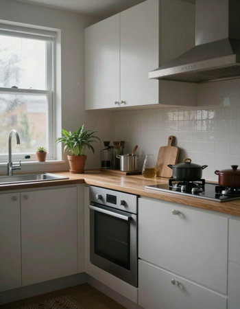 Modern white kitchen interior with stainless steel appliances and a plant in a pot