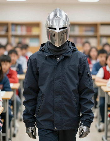 Knight in a classroom with a group of students in the background.