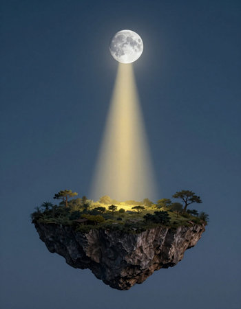 The moon over the island in the night sky. 3d rendering
