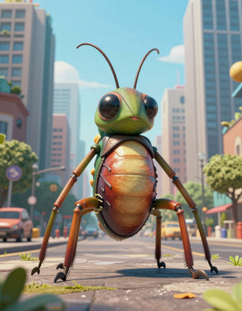 The grasshopper is standing on the street and looking at the camera.