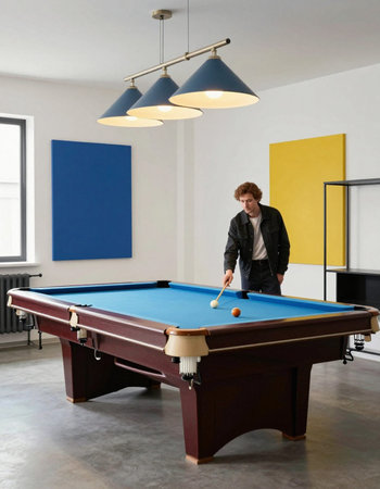 young pro billiard player finding best solution and right angle at billiard or snooker pool sport...