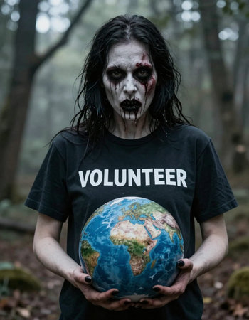 Creepy zombie holding earth globe in his hands in the forest