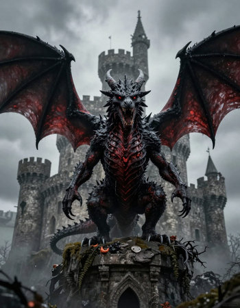 Halloween scene with a dragon in front of a castle in the fog