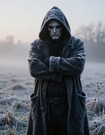 Man in costume with a hood on his head in the frosty morning