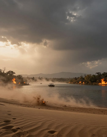 Boat on the river at sunset