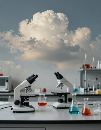 Microscope and test tubes on table in laboratory. Science and medical background