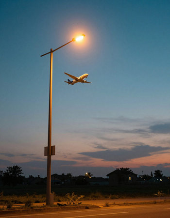 Airplane flying over a street light at night in the evening.