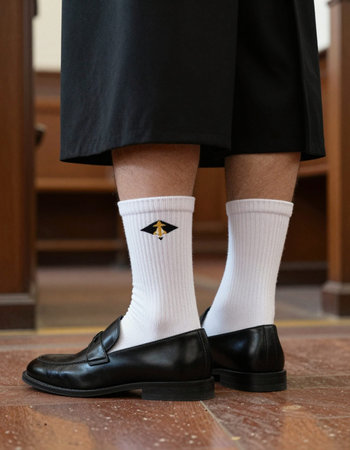 Legs of a young girl in white socks and black shoes.
