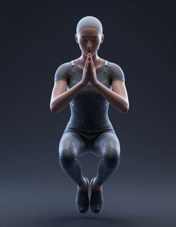 3d rendering of a female meditating on gray background