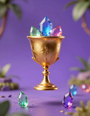 Gemstones in a golden cup on a purple background with leaves