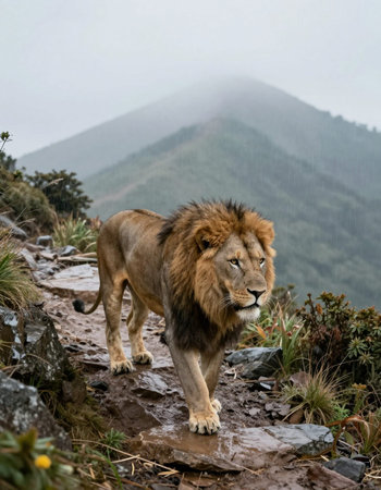 Male lion standing on a cliff in the rain, looking at the camera