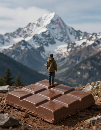 miniature man standing on a chocolate bar in front of the mountains