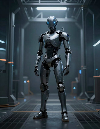 3D rendering of a male robot in a futuristic space station.