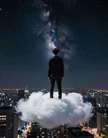 Rear view of businessman standing on cloud and looking at night cityの写真素材
