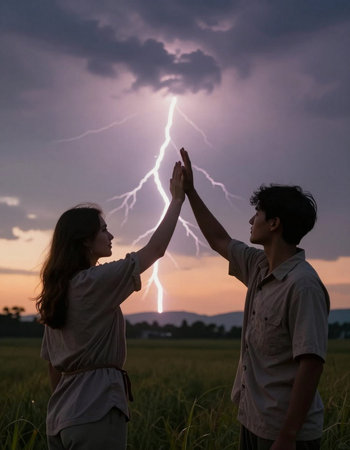 Couple of asian man and woman holding hands in the rice field at sunset