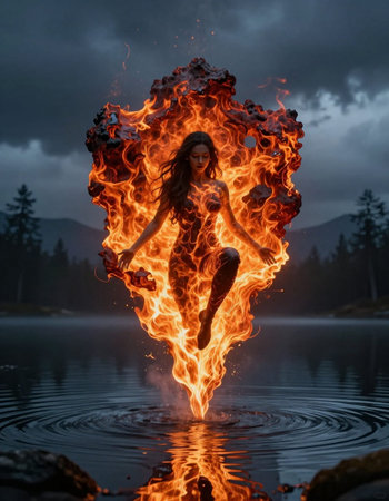 Flaming woman on lake in the mountains at night. Beautiful young woman in bikini dancing on lake.