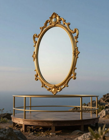 Round mirror on a table against the background of the sea and sky
