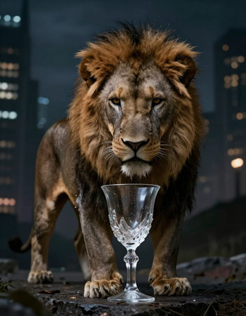 Large male lion in the city at night