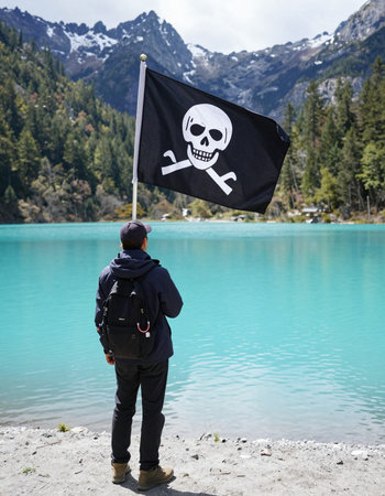 Boy with a flag in front of a mountain lake in Italy