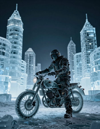 Warrior riding a chopper motorcycle on a frozen city at night. 3D rendering.
