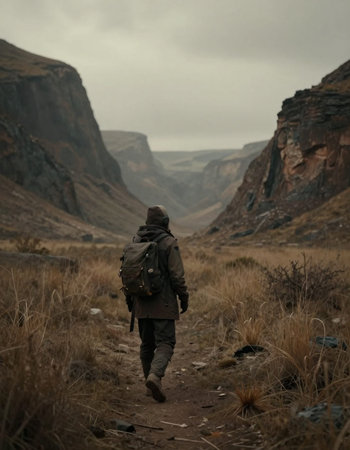 Hike in the mountains. A man with a backpack walks along the trail.