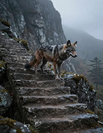Grey wolf (Canis lupus) climbing up the stairs.