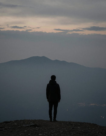 Silhouette of a man standing on the top of a mountain
