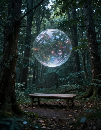 Soap bubble in the forest with wooden bench and tree in background