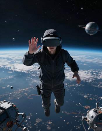 Man wearing virtual reality goggles while flying in space. 3D rendering