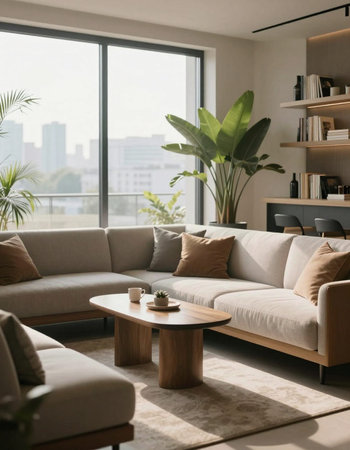 Living room interior with sofa, coffee table, bookshelf and plant