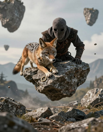 Fantasy scene with a man sitting on a rock