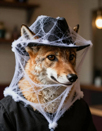 Portrait of a fox in a witch's hat with spider web