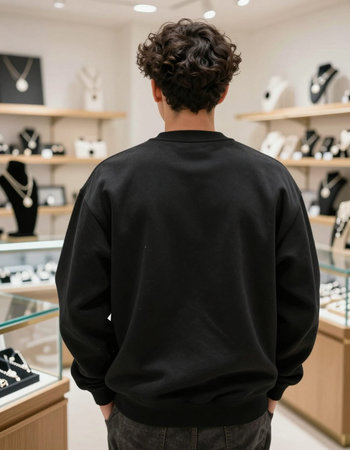 Rear view of a man looking at a shoe in a store