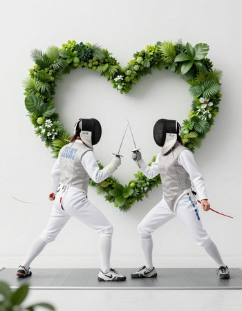 Two female fencers standing in front of a heart shaped wall with flowers