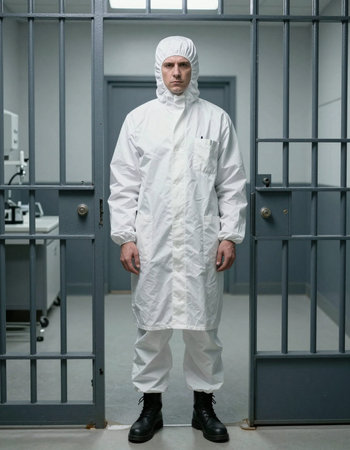 Portrait Of A Man Wearing PPE Standing In Prison Corridor