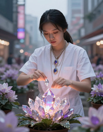 Beautiful asian woman holding crystal candle at night