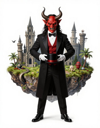 Man dressed as a devil with a castle in the background - Halloween concept