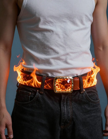 Torch on the back of a man with a shirt and jeans