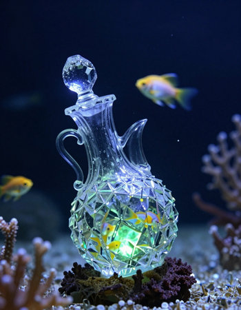 Colorful glass bottle in the aquarium with fishes and corals.の写真素材