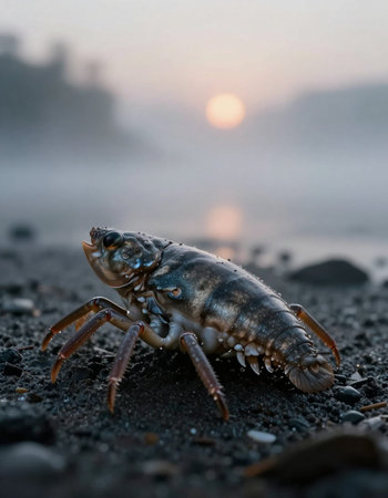 Close up of a crayfish on the beach at sunset.の写真素材
