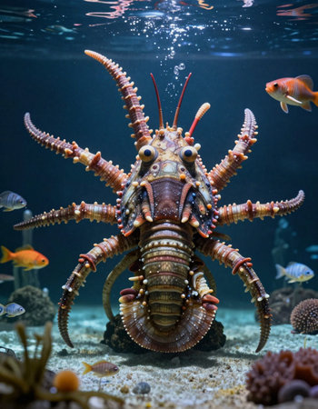 Underwater view of a giant lobster in a coral reef aquarium.