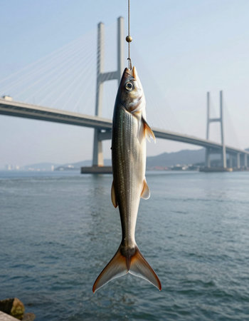 River fish hanging on a rope in the background of the bridge.